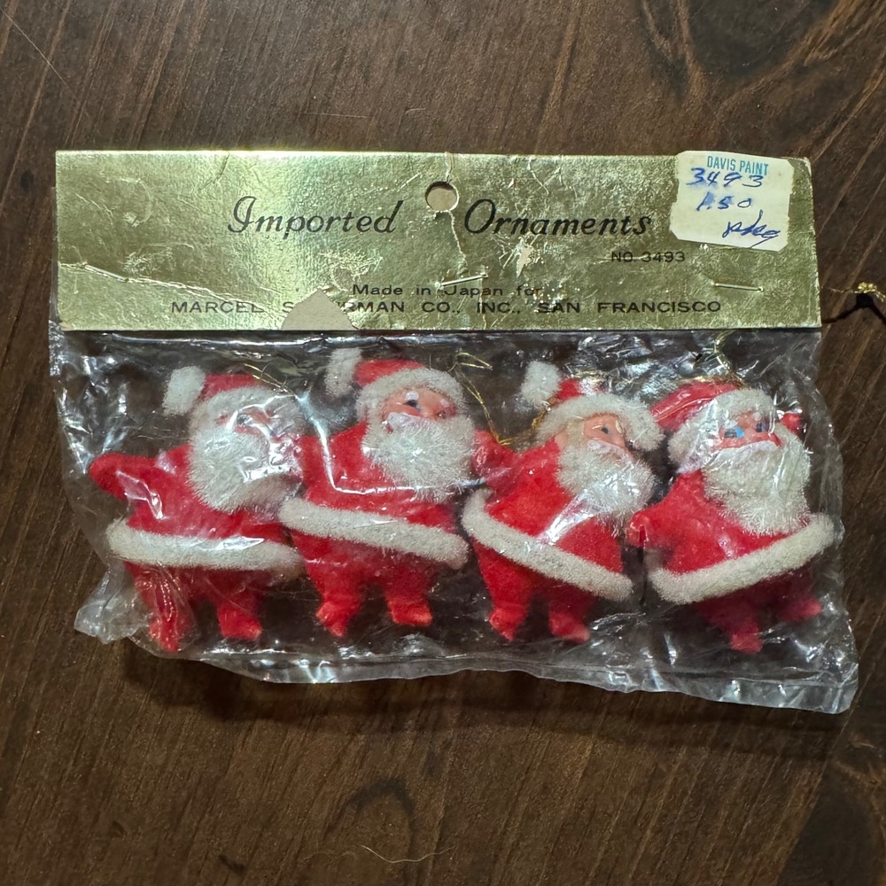 Vintage Flocked Santa Ornaments Set of 4 Marcel Schurman Made in Japan No 3493